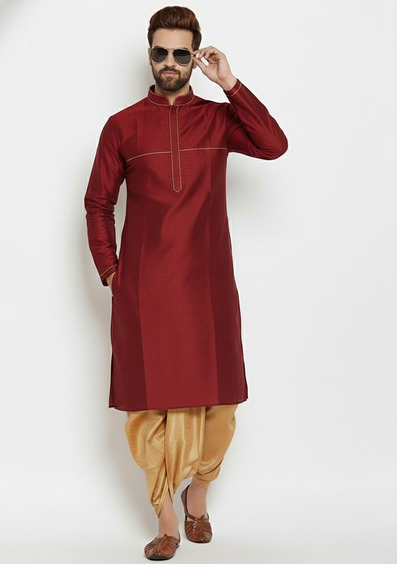 Maroon Embroidered Silk Kurta Dhoti Set For Men - Indya
