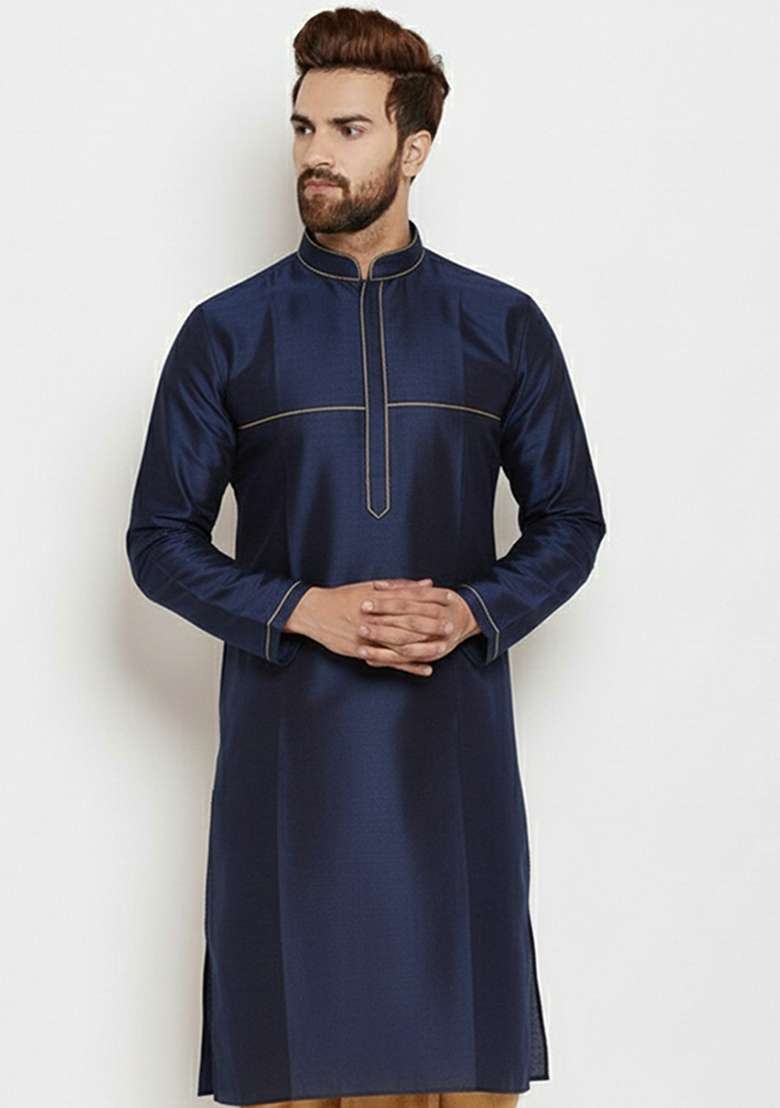 Navy Embroidered Silk Blend Kurta Dhoti Set For Men - Indya