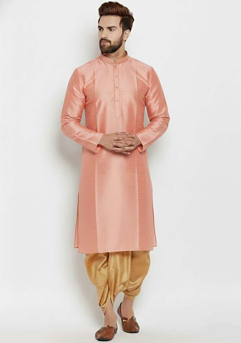 Peach Embroidered Silk Blend Kurta Dhoti Set For Men - Indya