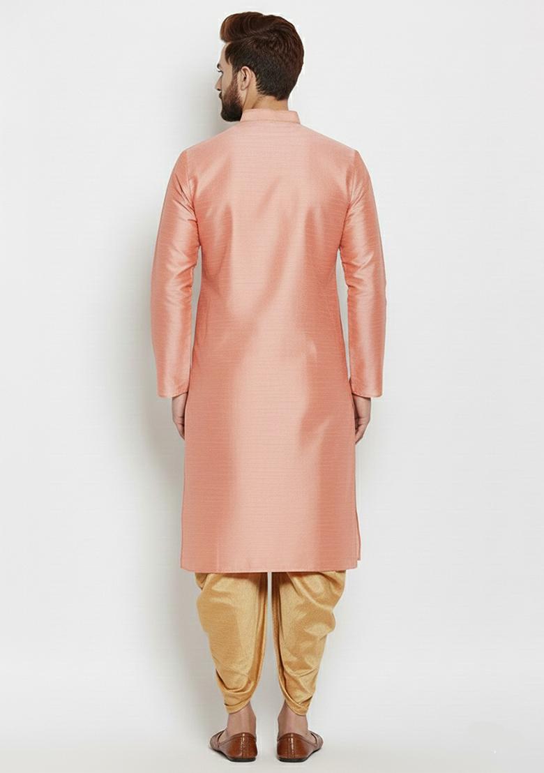 Peach Embroidered Silk Kurta Dhoti Set For Men - Indya