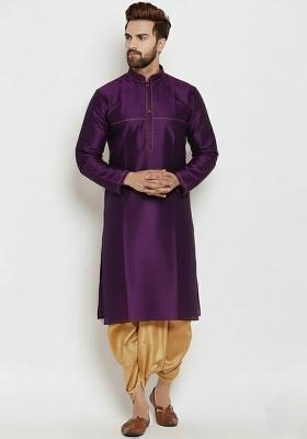 Purple Embroidered Silk Kurta Dhoti Set For Men