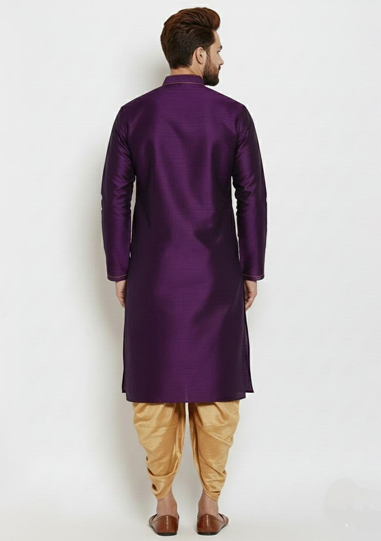 Purple Embroidered Silk Kurta Dhoti Set For Men - Indya