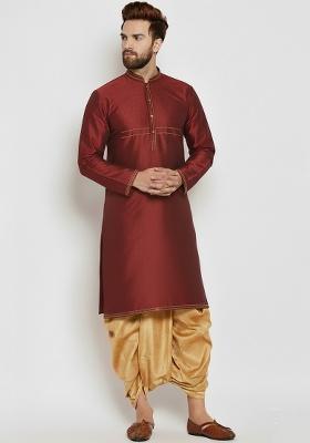 Maroon Embroidered Silk Kurta Dhoti Set For Men