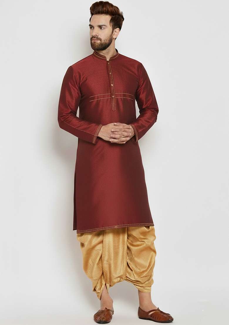 Maroon Embroidered Silk Blend Kurta Dhoti Set For Men - Indya