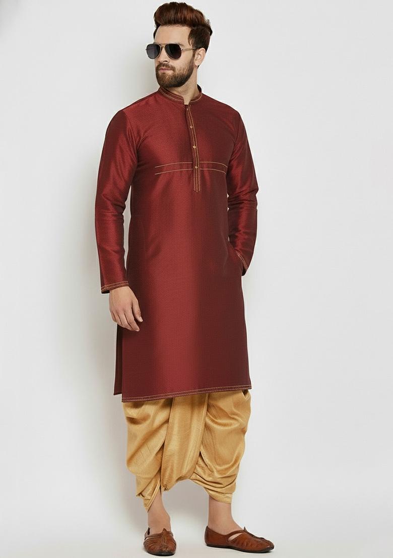 Maroon Embroidered Silk Kurta Dhoti Set For Men - Indya