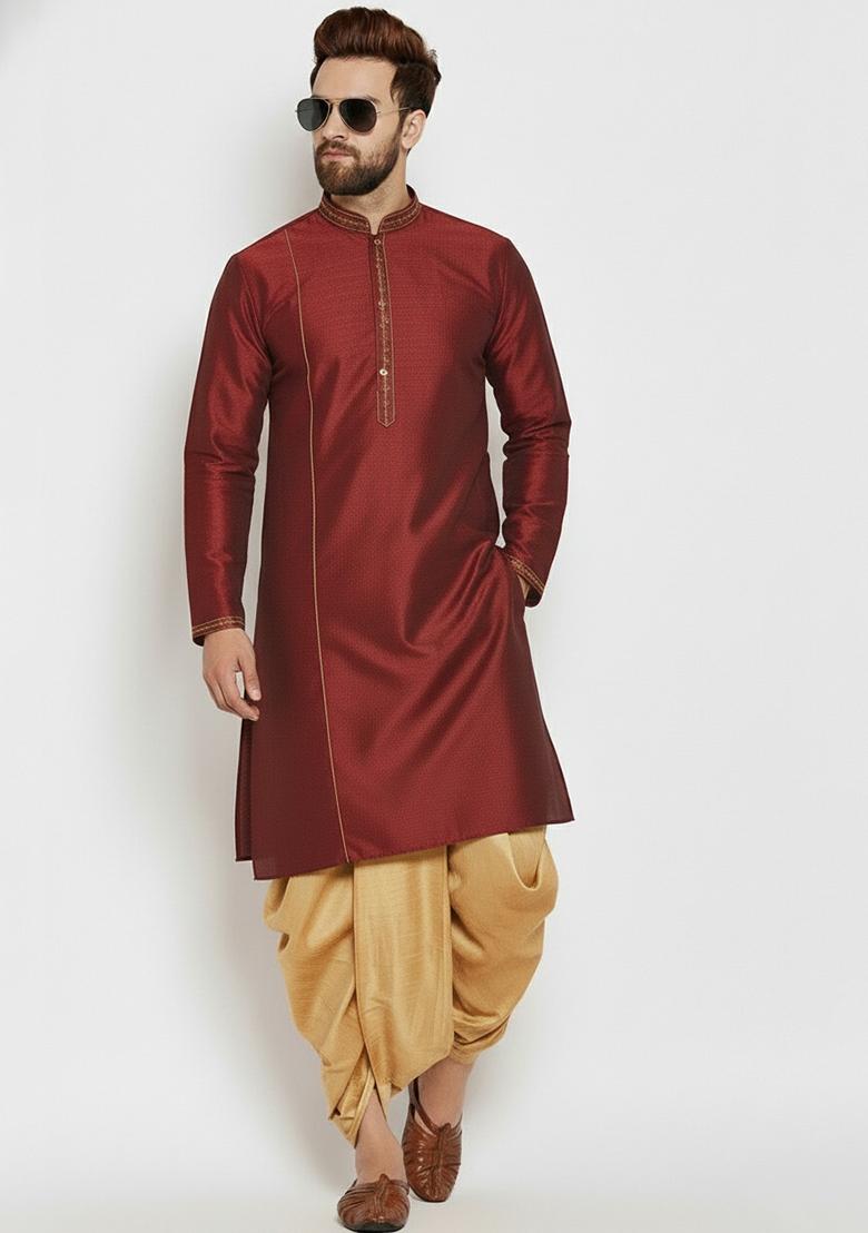 Maroon Embroidered Silk Kurta Dhoti Set For Men - Indya