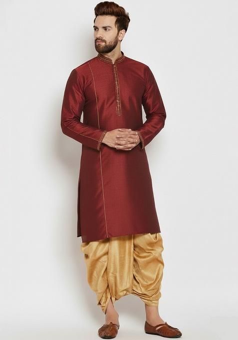 Maroon Embroidered Silk Blend Kurta Dhoti Set For Men
