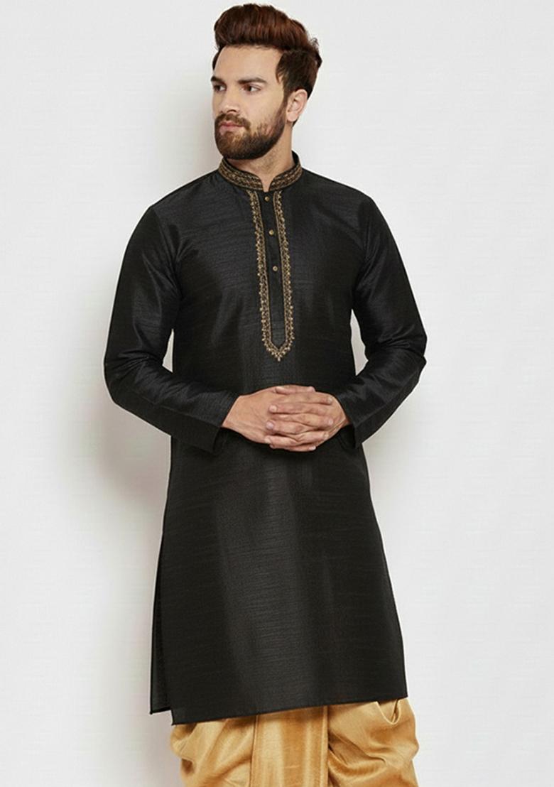 Black Embroidered Silk Kurta Dhoti Set For Men - Indya