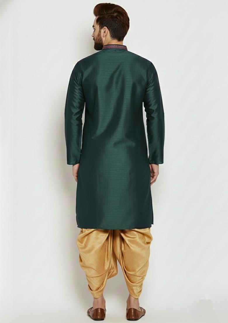 Bottle Green Embroidered Silk Kurta Dhoti Set For Men - Indya