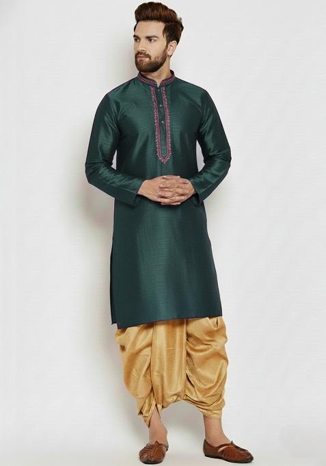 Bottle Green Embroidered Silk Blend Kurta Dhoti Set For Men