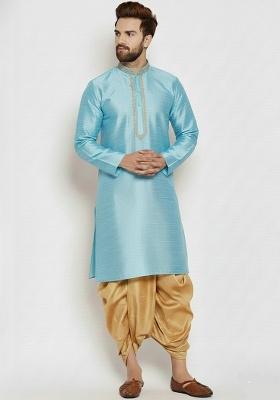Light Blue Embroidered Silk Blend Kurta Dhoti Set For Men