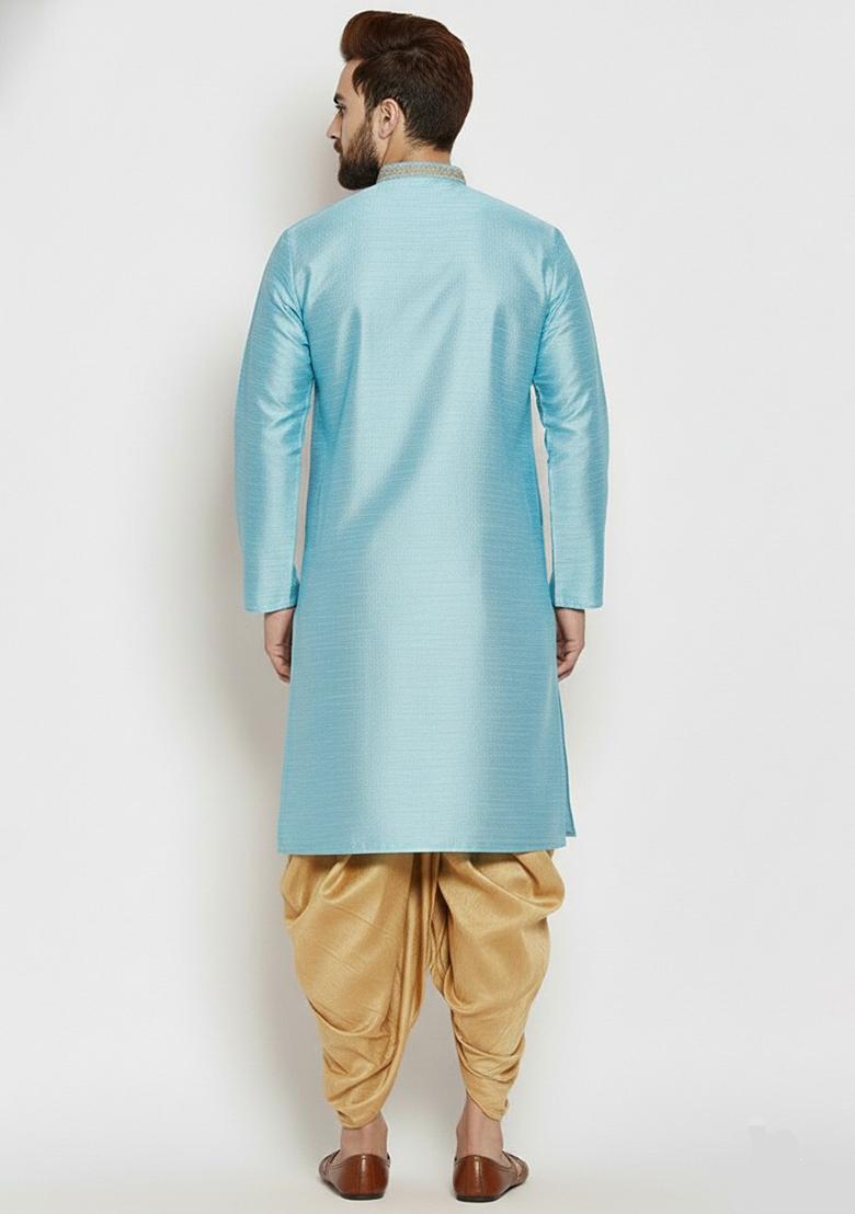 Light Blue Embroidered Silk Kurta Dhoti Set For Men - Indya