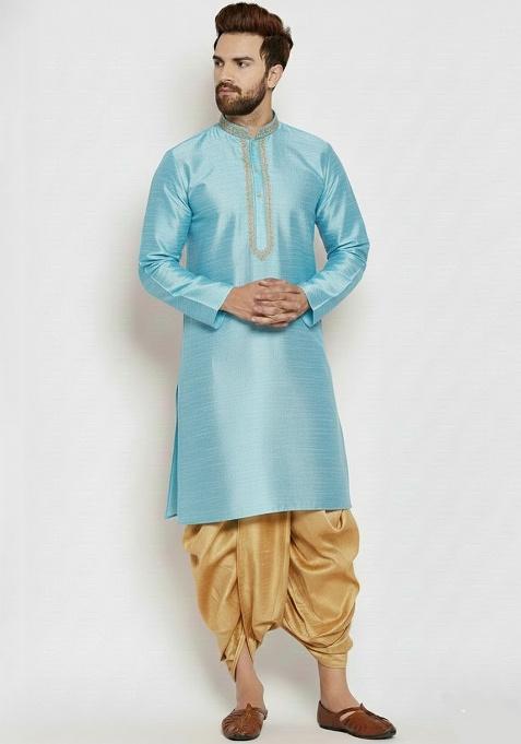 Light Blue Embroidered Silk Kurta Dhoti Set For Men