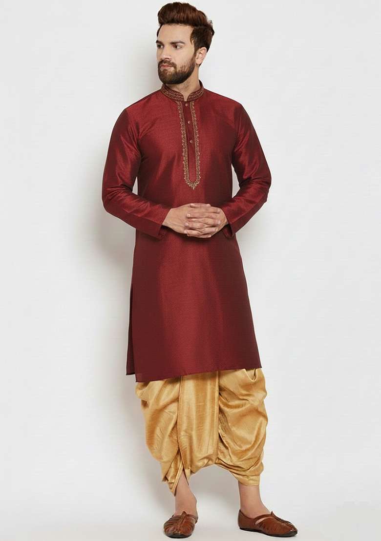 Maroon Embroidered Silk Blend Kurta Dhoti Set For Men - Indya
