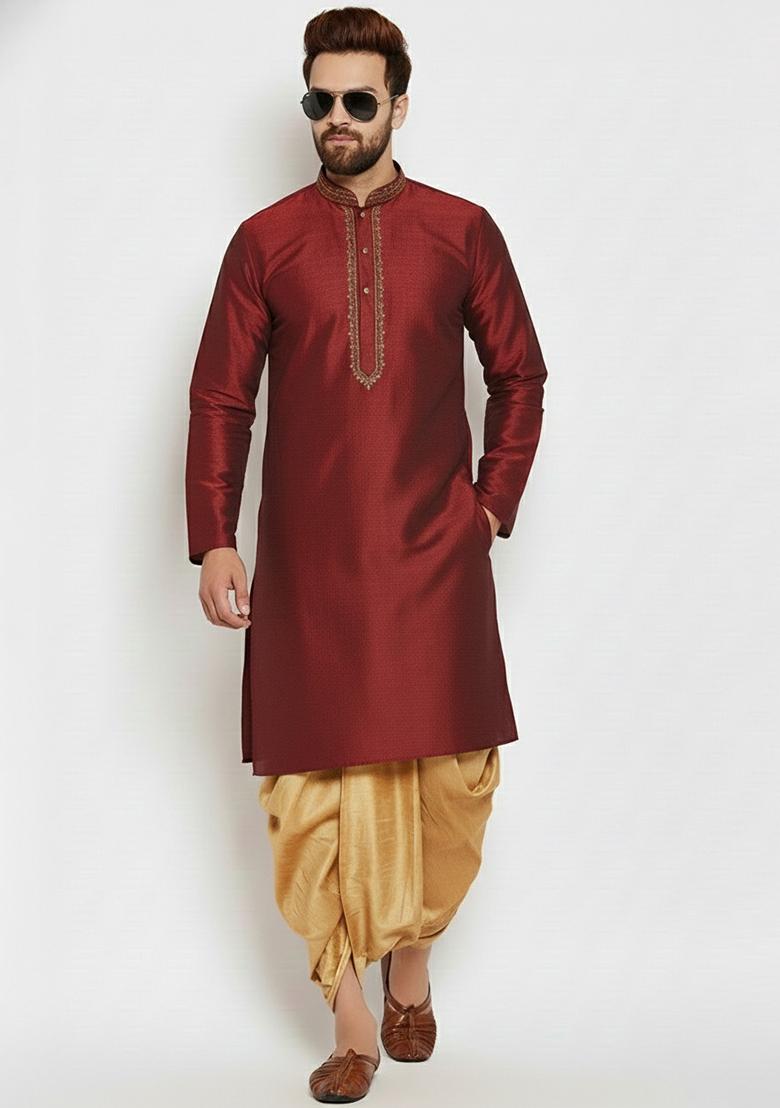 Maroon Embroidered Silk Kurta Dhoti Set For Men - Indya