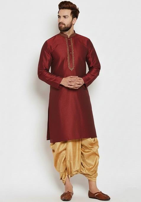Maroon Embroidered Silk Kurta Dhoti Set For Men