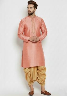 Peach Embroidered Silk Kurta Dhoti Set For Men