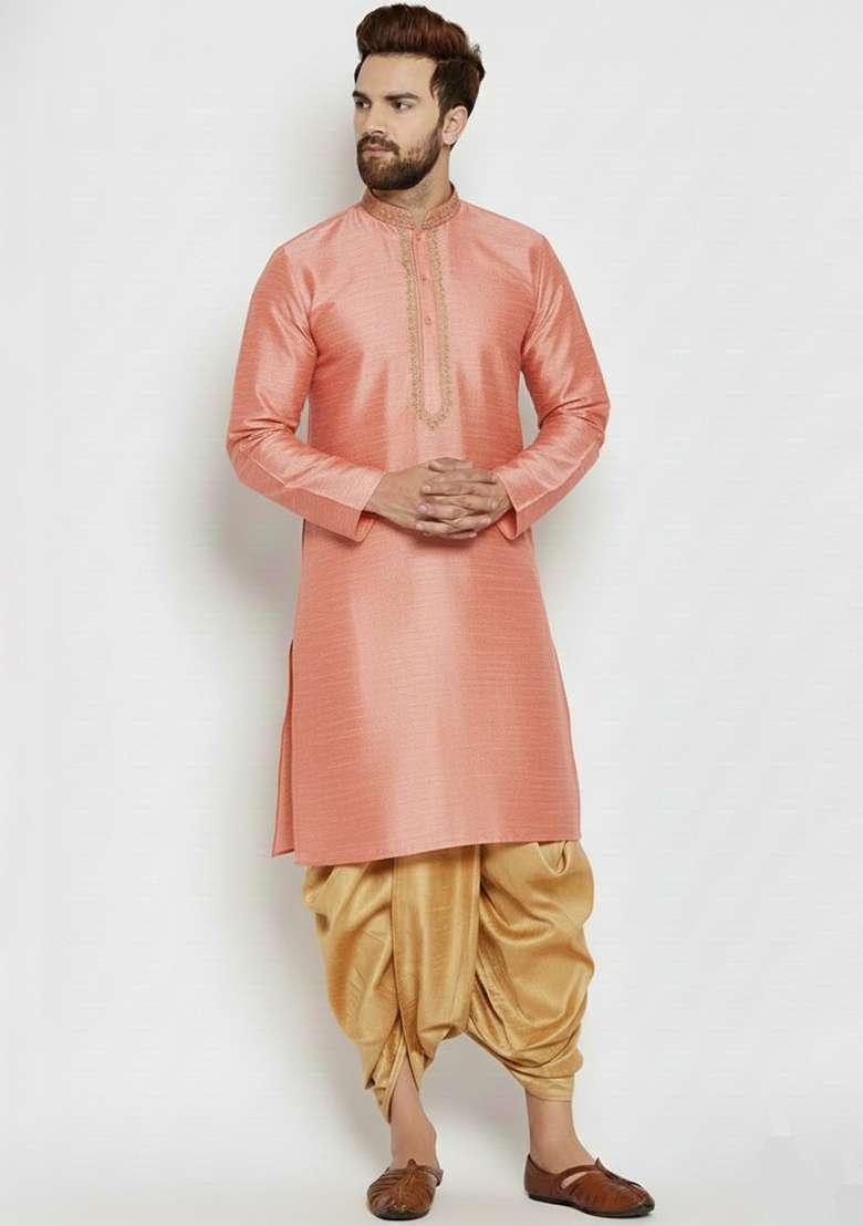 Peach Embroidered Silk Blend Kurta Dhoti Set For Men - Indya