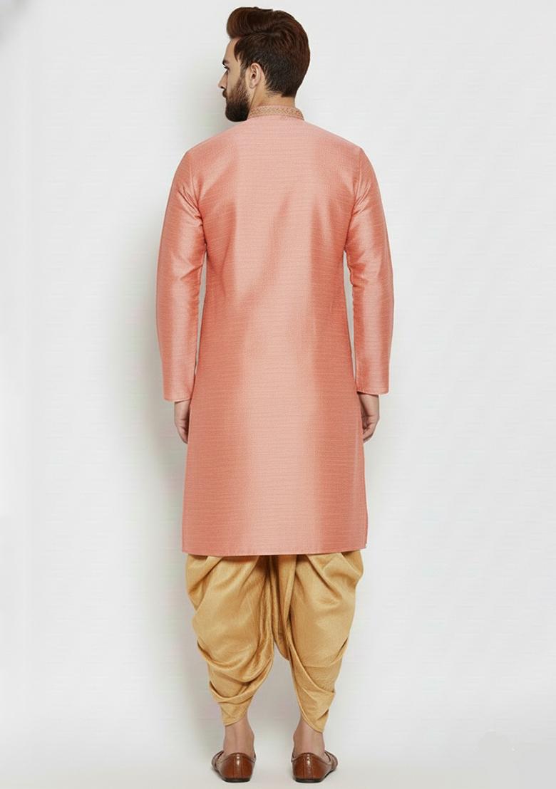 Peach Embroidered Silk Kurta Dhoti Set For Men - Indya
