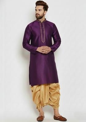 Purple Embroidered Silk Kurta Dhoti Set For Men