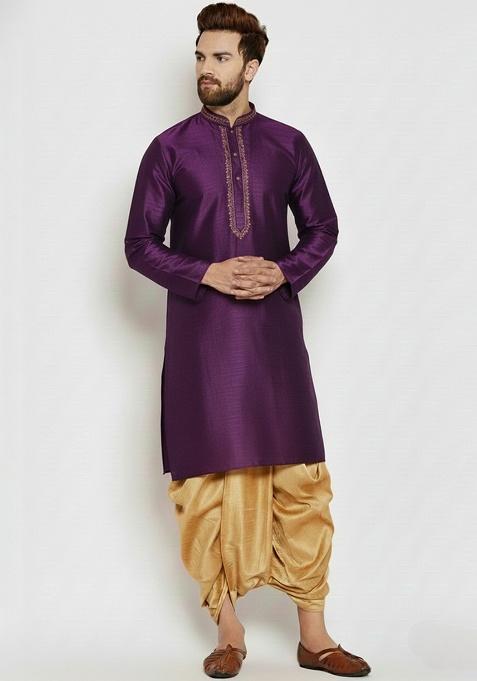 Purple Embroidered Silk Kurta Dhoti Set For Men