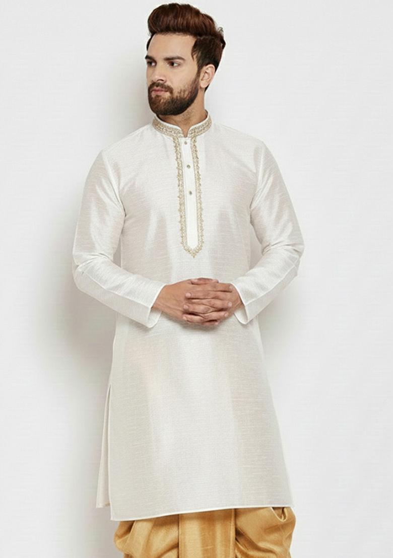 White Embroidered Silk Kurta Dhoti Set For Men - Indya