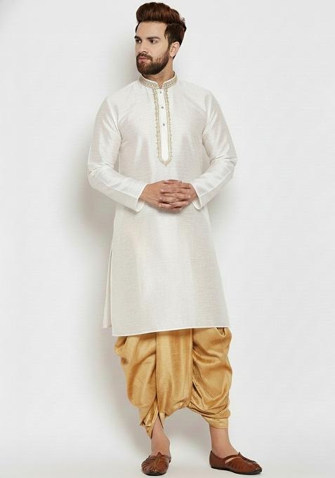 White Embroidered Silk Blend Kurta Dhoti Set For Men