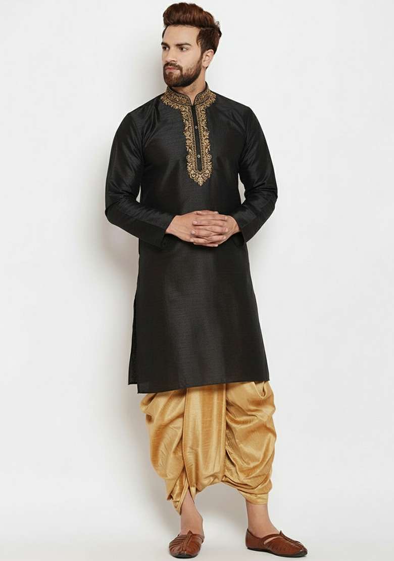 Black Embroidered Silk Blend Kurta Dhoti Set For Men - Indya