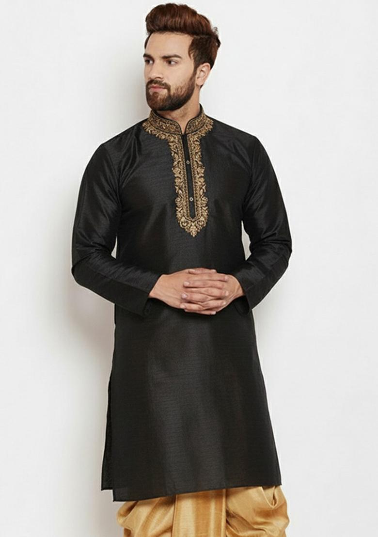 Black Embroidered Silk Kurta Dhoti Set For Men - Indya