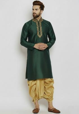 Bottle Green Embroidered Silk Kurta Dhoti Set For Men