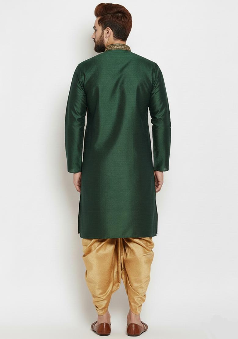 Bottle Green Embroidered Silk Kurta Dhoti Set For Men - Indya