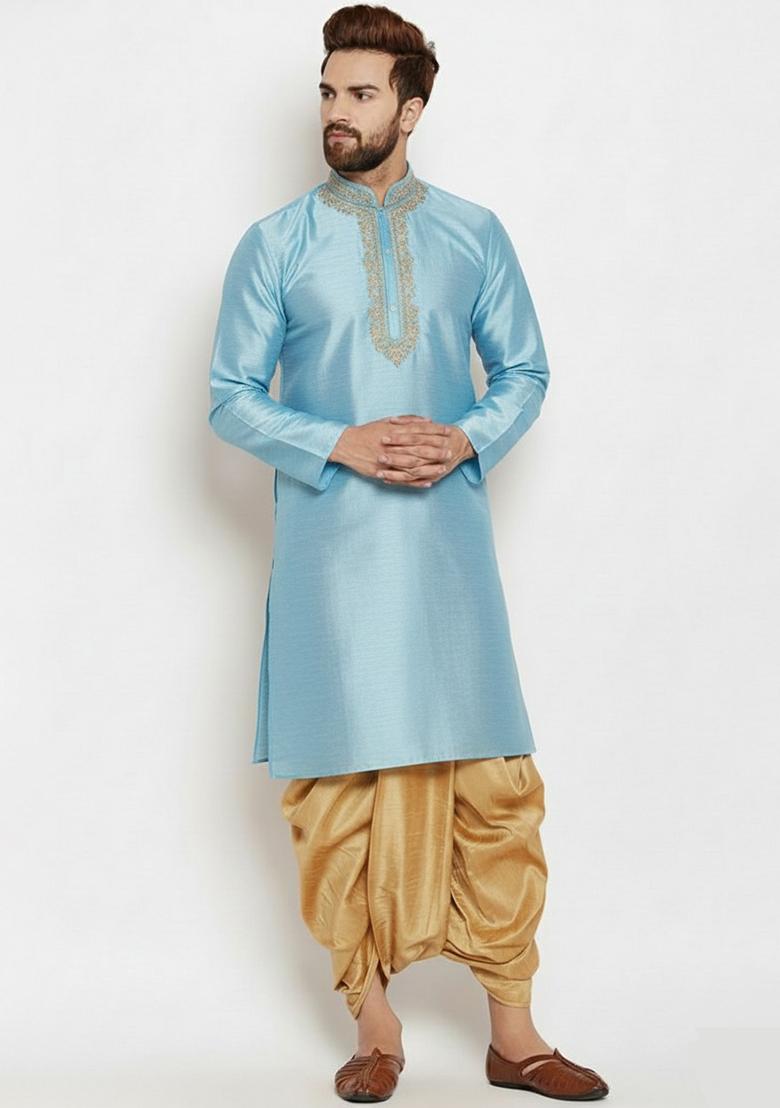 Light Blue Embroidered Silk Kurta Dhoti Set For Men - Indya