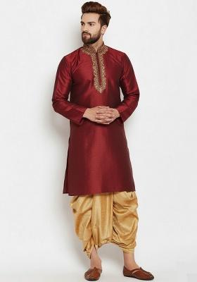 Maroon Embroidered Silk Kurta Dhoti Set For Men