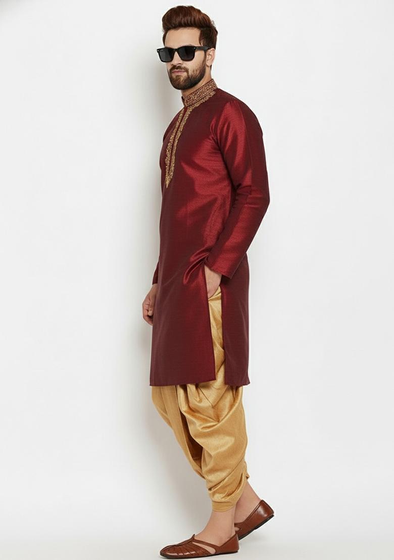 Maroon Embroidered Silk Kurta Dhoti Set For Men - Indya
