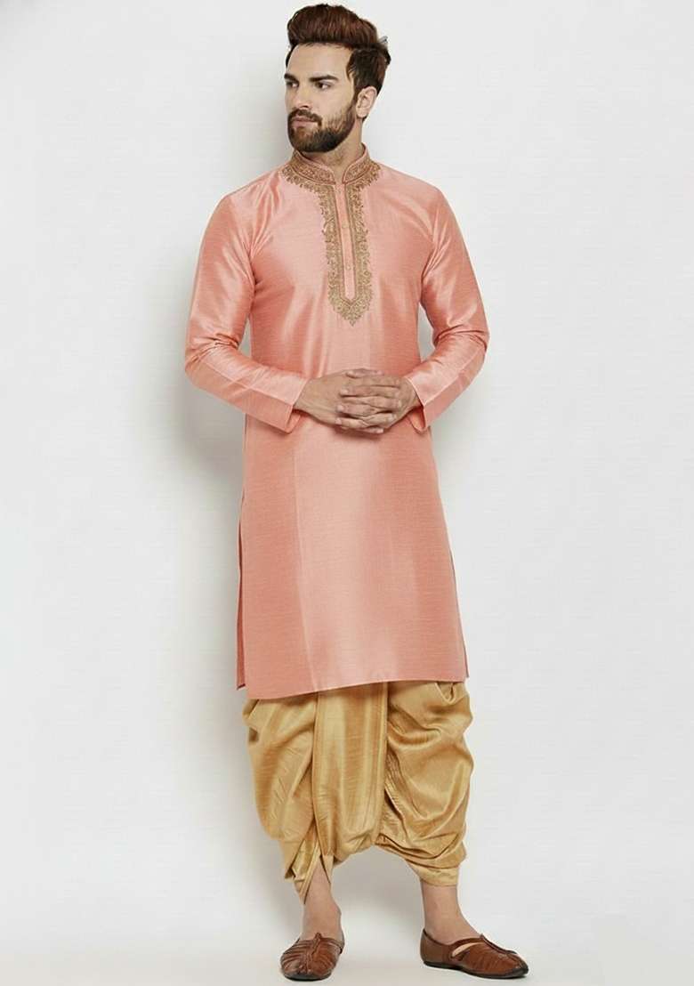 Peach Embroidered Silk Blend Kurta Dhoti Set For Men - Indya