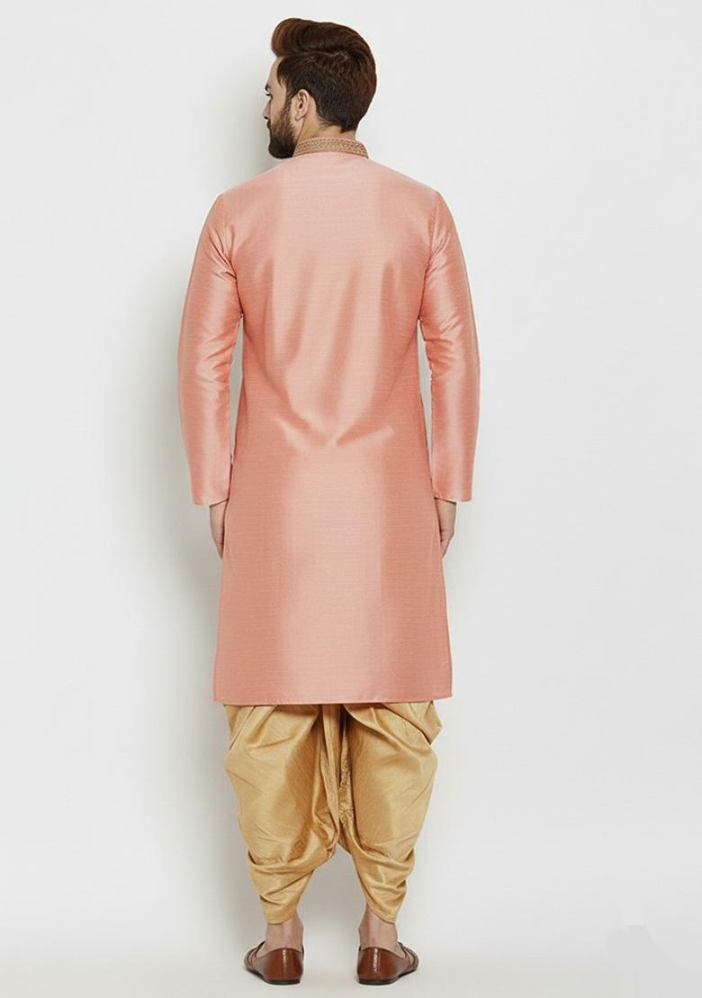 Peach Embroidered Silk Kurta Dhoti Set For Men - Indya