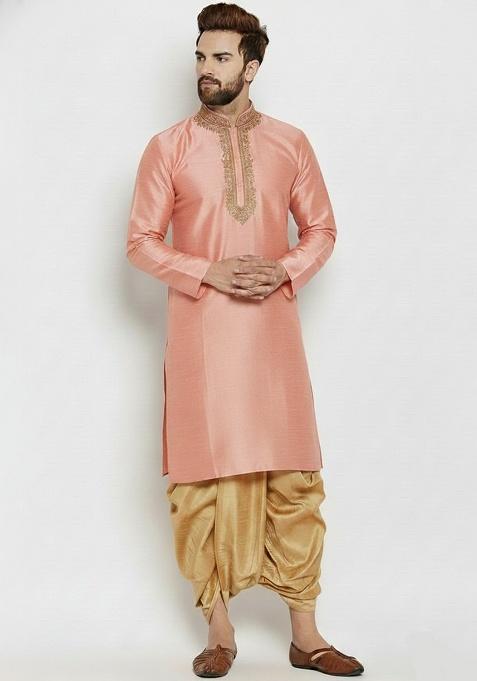 Peach Embroidered Silk Kurta Dhoti Set For Men