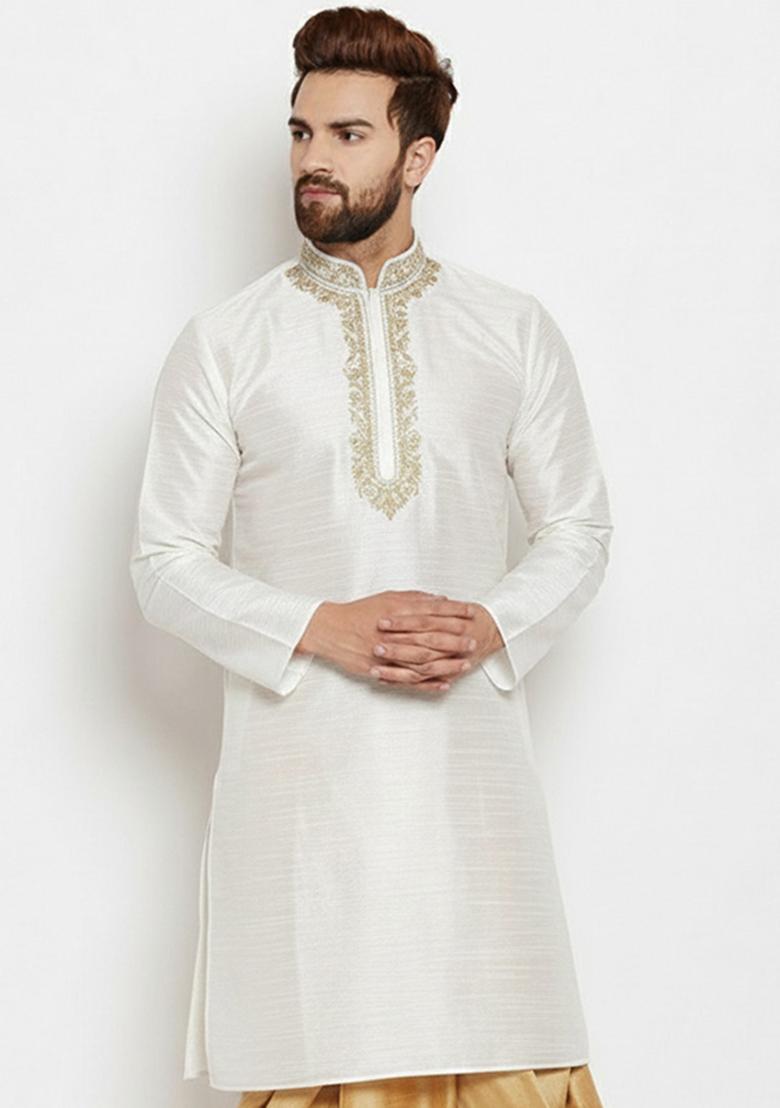 White Embroidered Silk Kurta Dhoti Set For Men - Indya