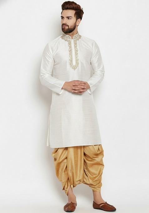 White Embroidered Silk Blend Kurta Dhoti Set For Men