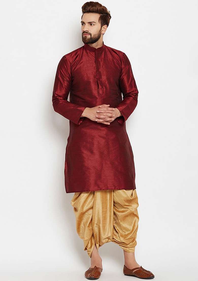 Maroon Embroidered Silk Blend Kurta Dhoti Set For Men - Indya