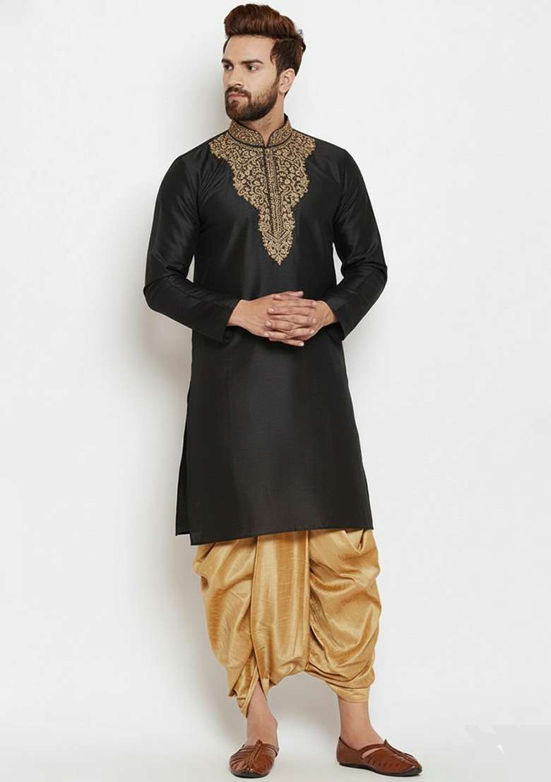 Black Embroidered Silk Blend Kurta Dhoti Set For Men - Indya