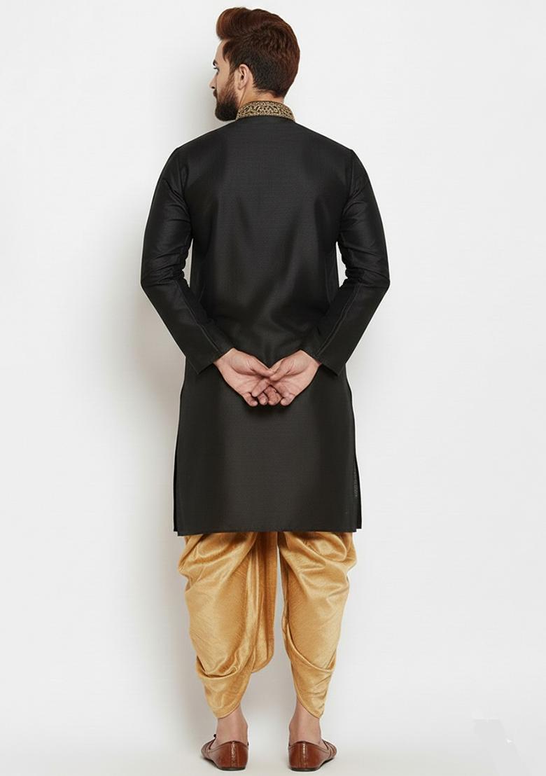 Black Embroidered Silk Kurta Dhoti Set For Men - Indya