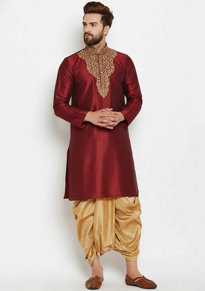 Maroon Embroidered Silk Blend Kurta Dhoti Set For Men - Indya