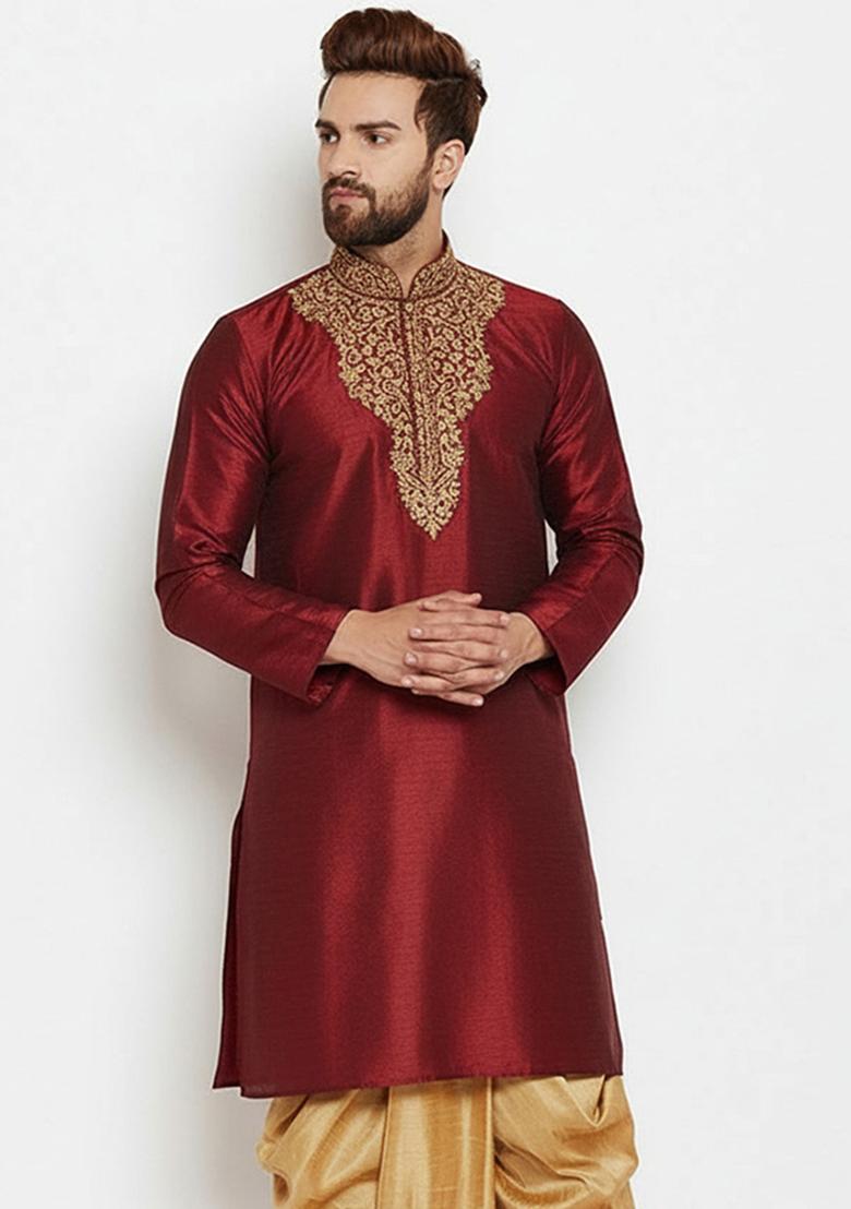 Maroon Embroidered Silk Kurta Dhoti Set For Men - Indya