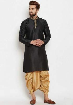 Black Embroidered Silk Kurta Dhoti Set For Men