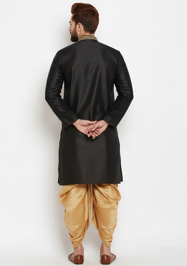 Black Embroidered Silk Kurta Dhoti Set For Men - Indya