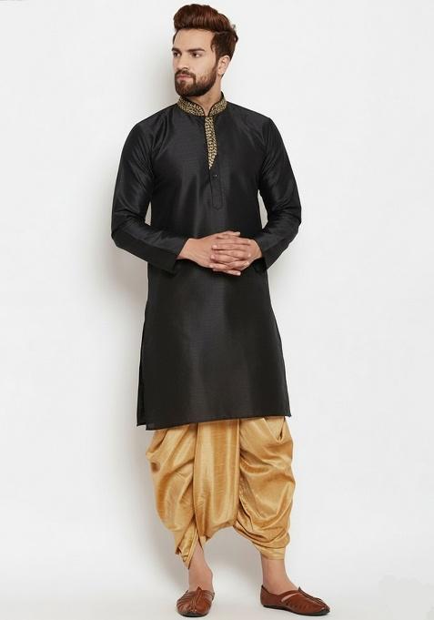 Black Embroidered Silk Kurta Dhoti Set For Men