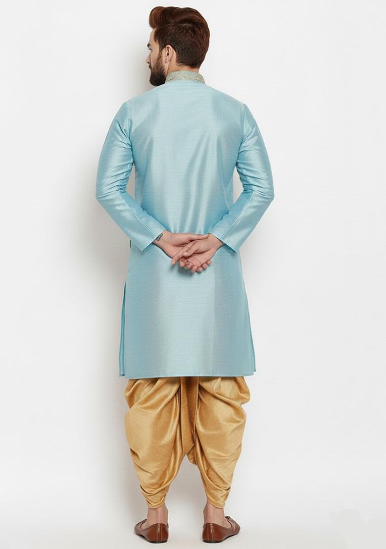 Light Blue Embroidered Silk Kurta Dhoti Set For Men - Indya