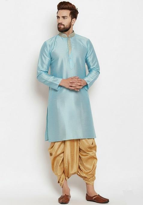 Light Blue Embroidered Silk Kurta Dhoti Set For Men