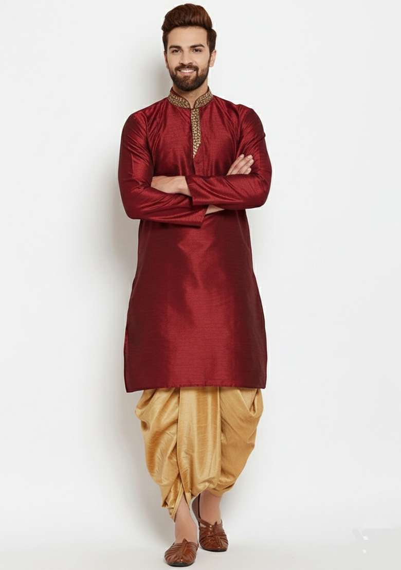 Maroon Embroidered Silk Blend Kurta Dhoti Set For Men - Indya